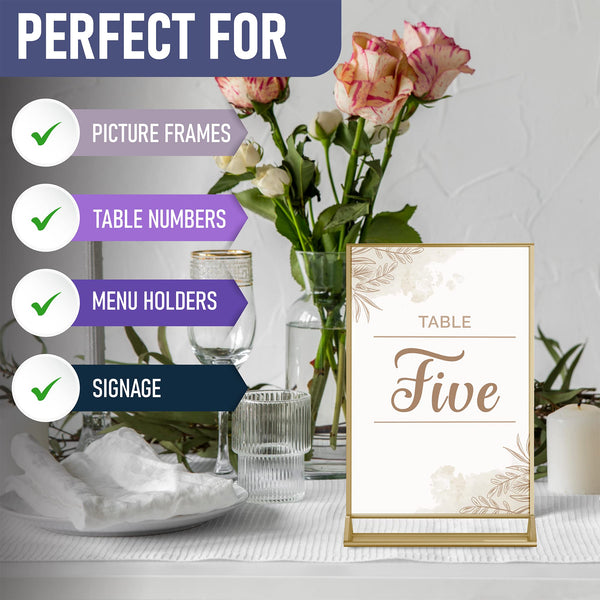 Dasher Products Gold Picture Frames Double Sided - 6 Pack - 4x6 Acrylic Gold Table Number Holders, Clear Easel Table Stands for Signs, Gold Frames for Wedding Table Numbers, Menu Holder, Photo Frame