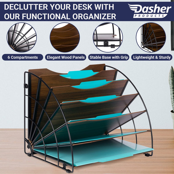 Fan Shaped Office Desk Organizers, 6 Compartments with Wood Patterned Shelves, Office Supplies Desk Organizer for Storage of Paper, Bills, Letters, Multi-Functional Desk Organizers and Accessories