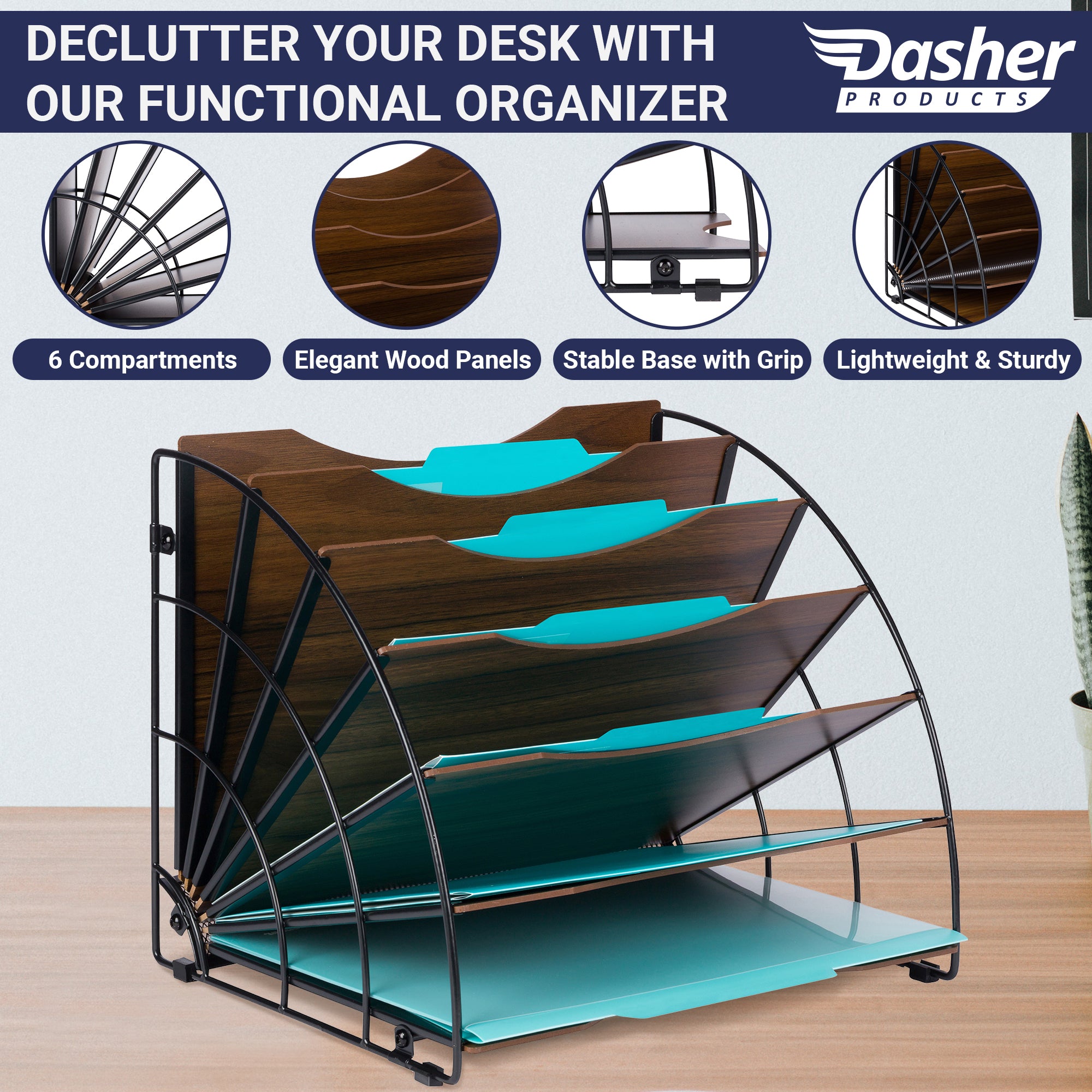 Fan Shaped Office Desk Organisers, 6 Compartments with Wood Patterned