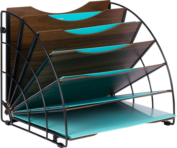 Fan Shaped Office Desk Organisers, 6 Compartments with Wood Patterned